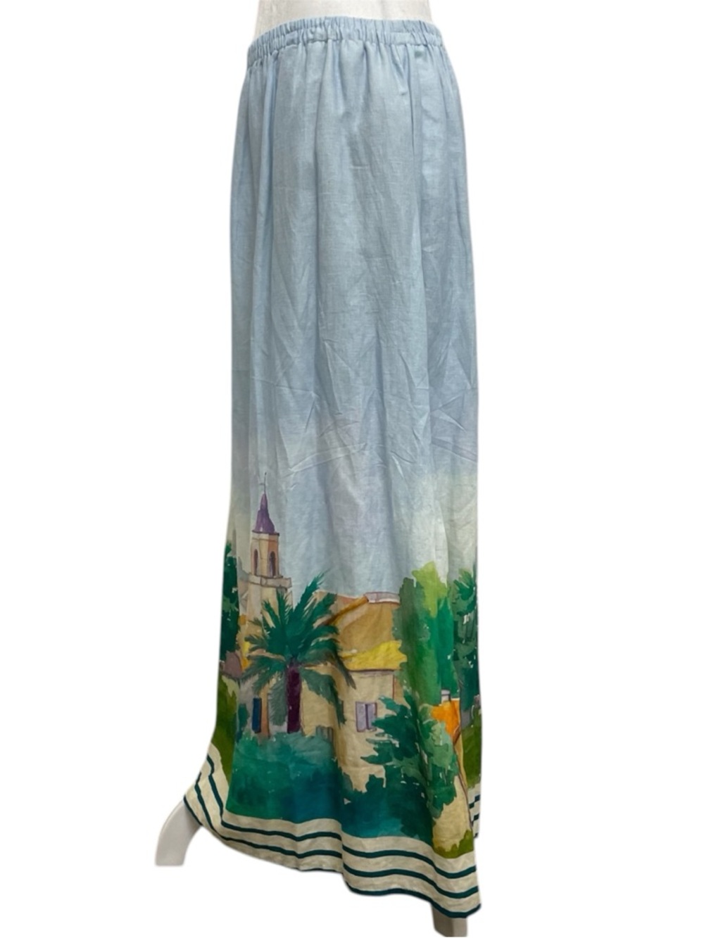 Calypso St Barth Light Blue Linen Blend Village Seascape Maxi Skirt - Picture 2 of 10